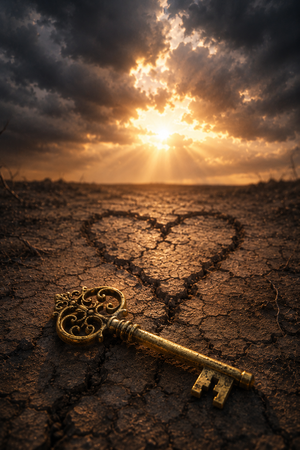 A golden key on cracked earth with light breaking through