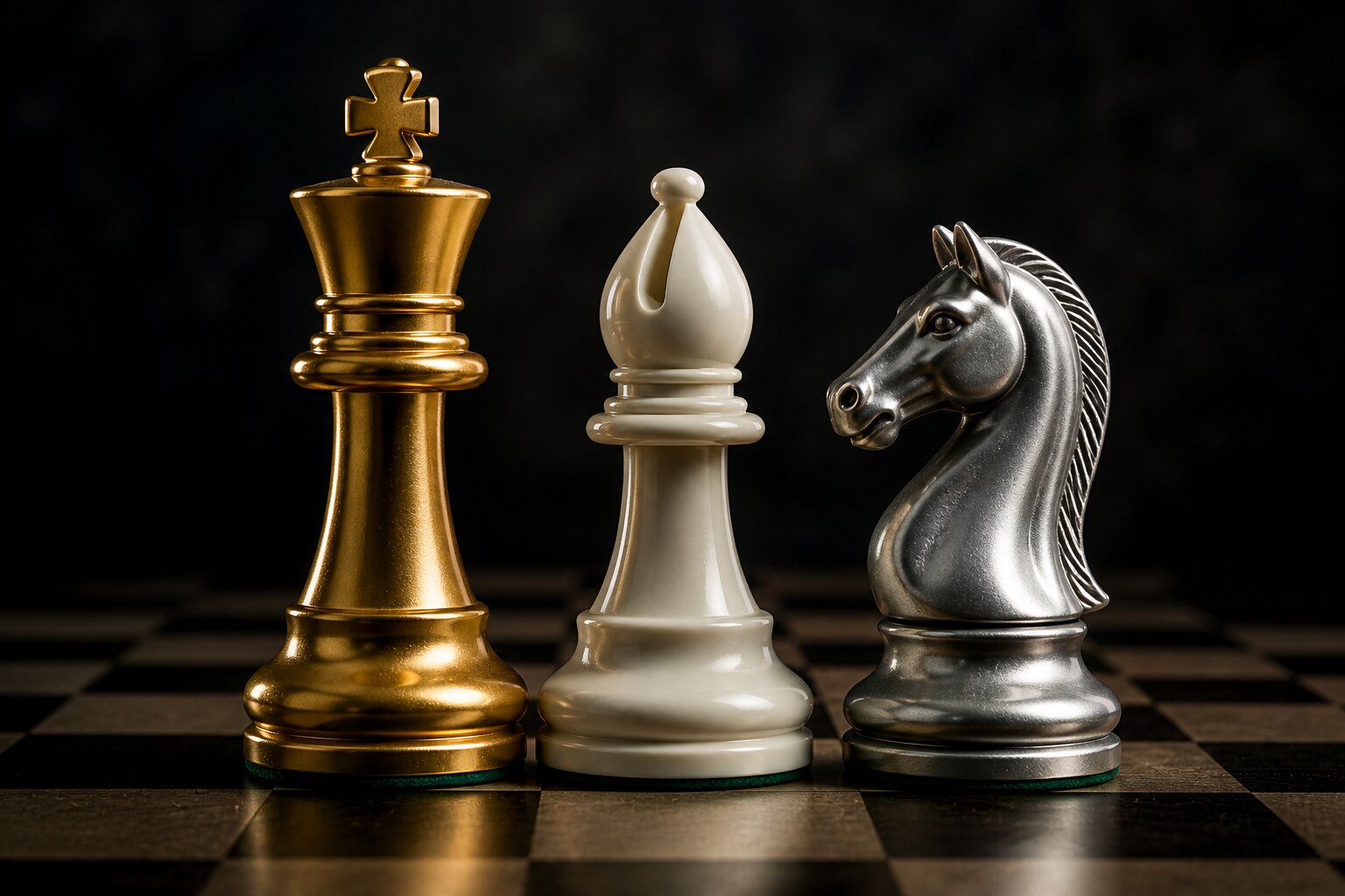 Chess board with a king representing London, a bishop representing the Vatican, and a knight representing Washington D.C.