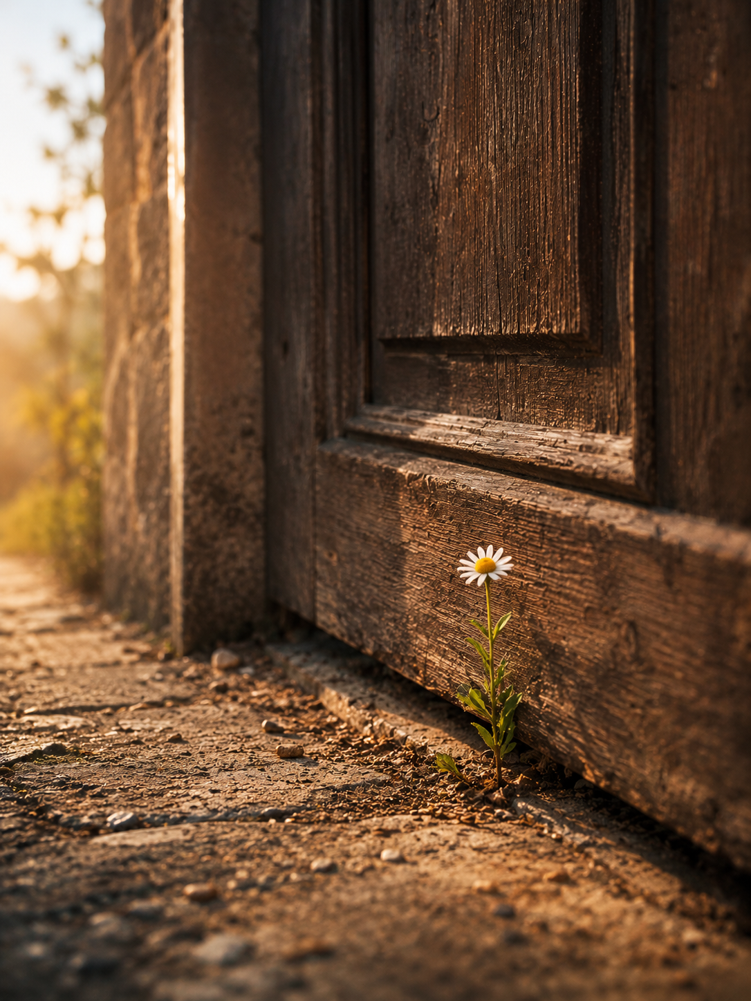 A closed wooden door with a small wildflower growing from the crack beneath it