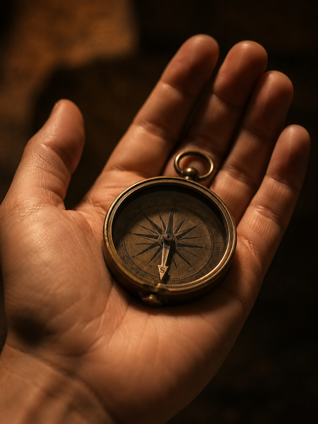 A compass resting on an open palm, pointing not north but toward the person holding it