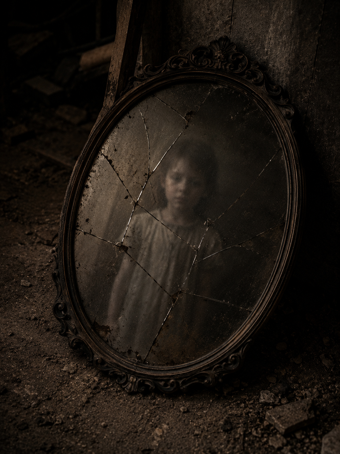 A cracked mirror lying on a basement floor, faint reflection of a child visible