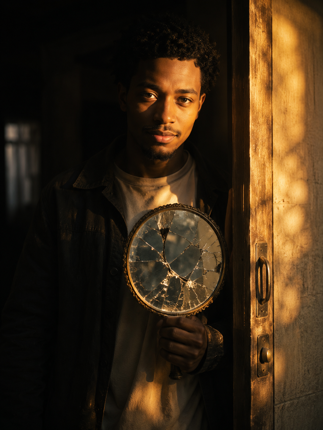 A person with kind eyes holding a cracked mirror, standing in a doorway of light