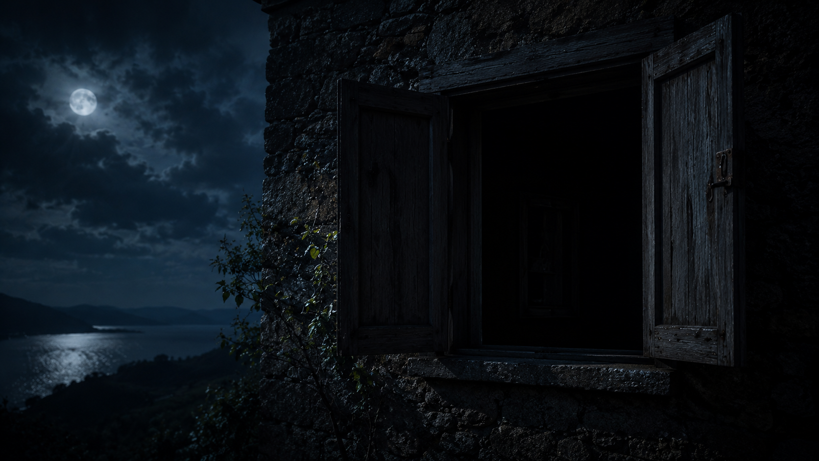An open window at night with no light coming from inside dark, empty