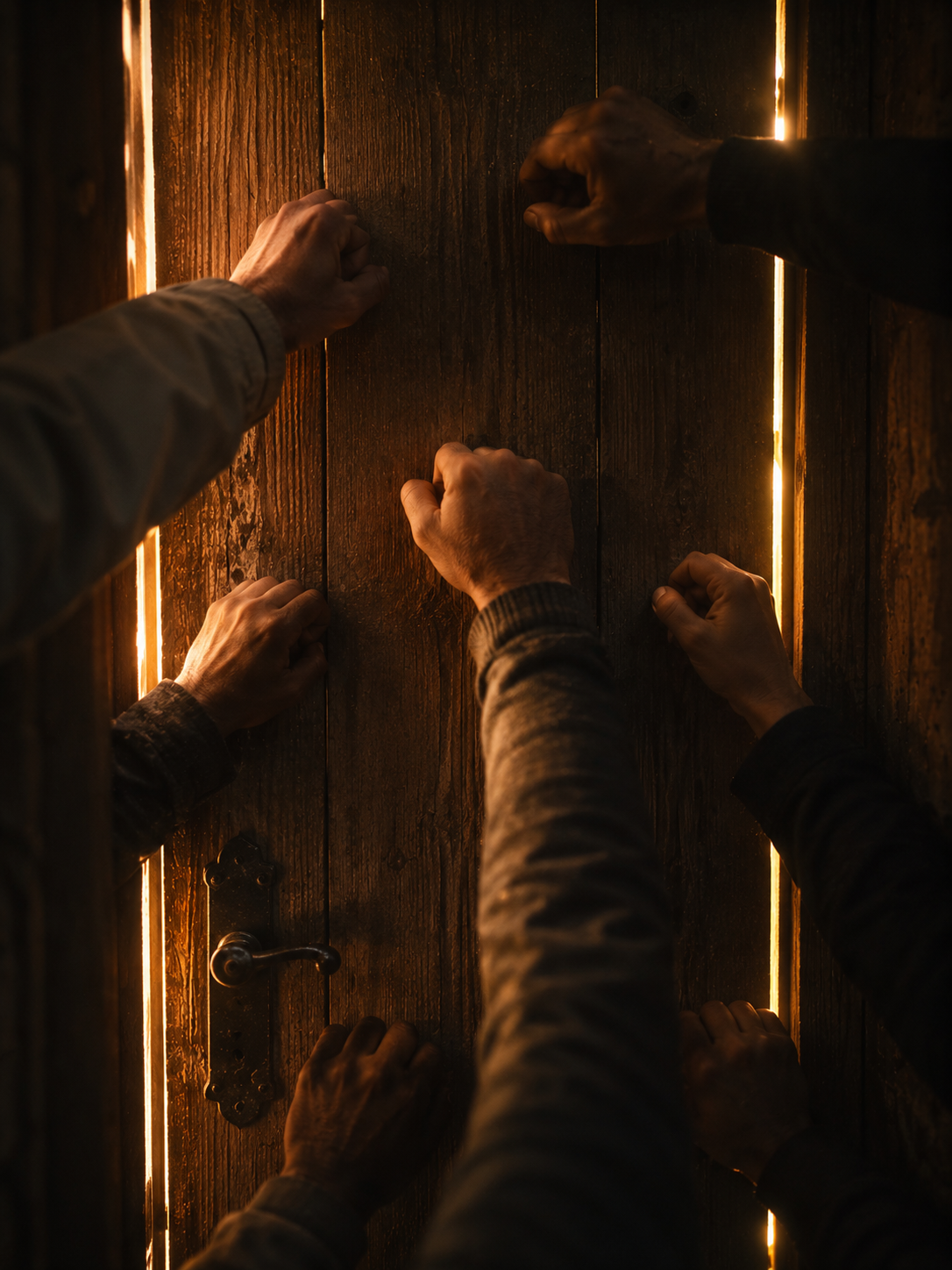 A wooden door with many hands knocking some soft, some aggressive
