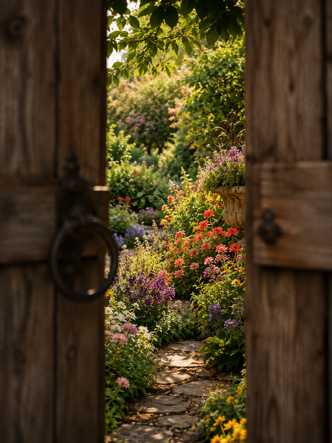 A beautiful garden visible through a slightly open gate, flowers in full bloom