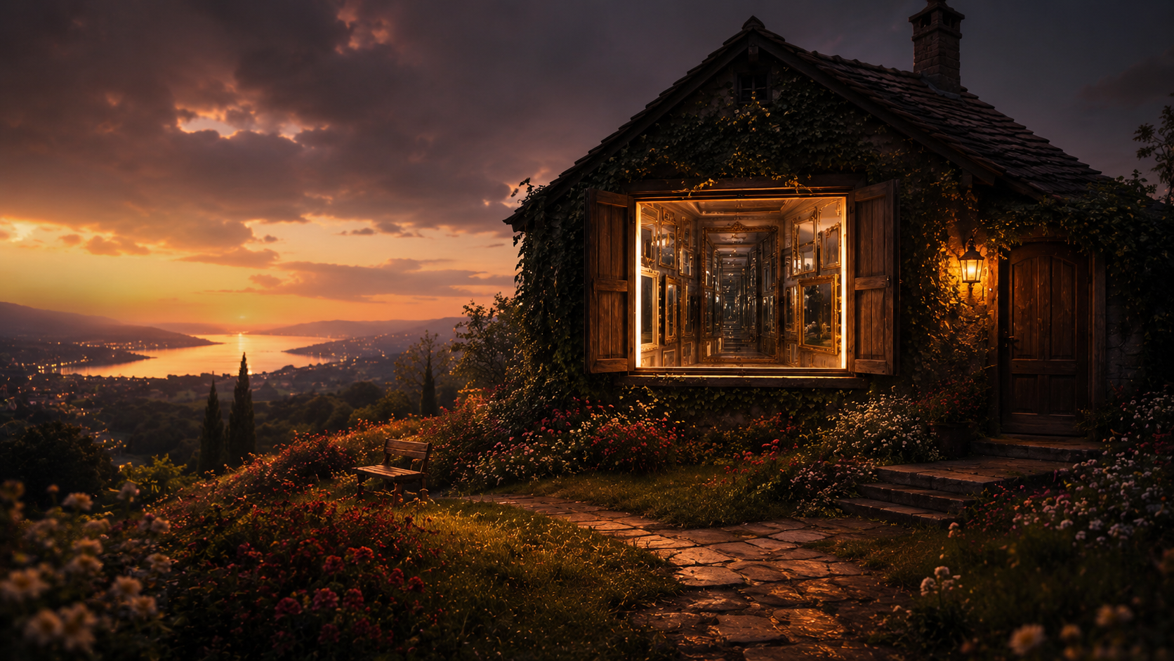 A warm cottage from outside, but inside visible through the window are mirrors everywhere