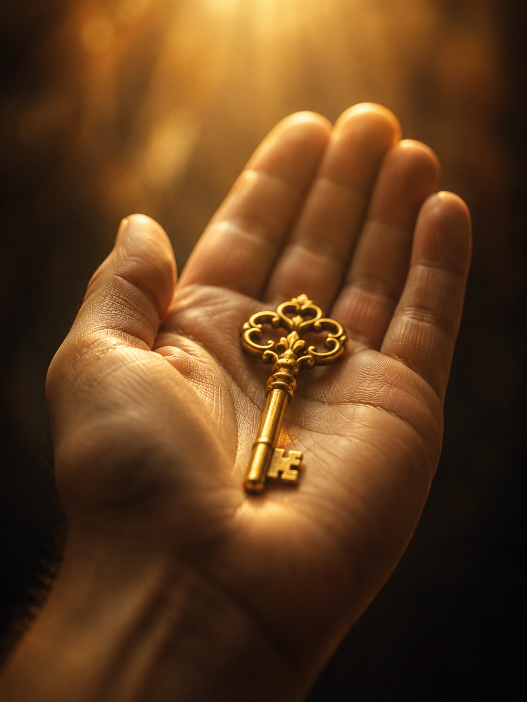 A single golden key resting in an open human palm, soft warm light