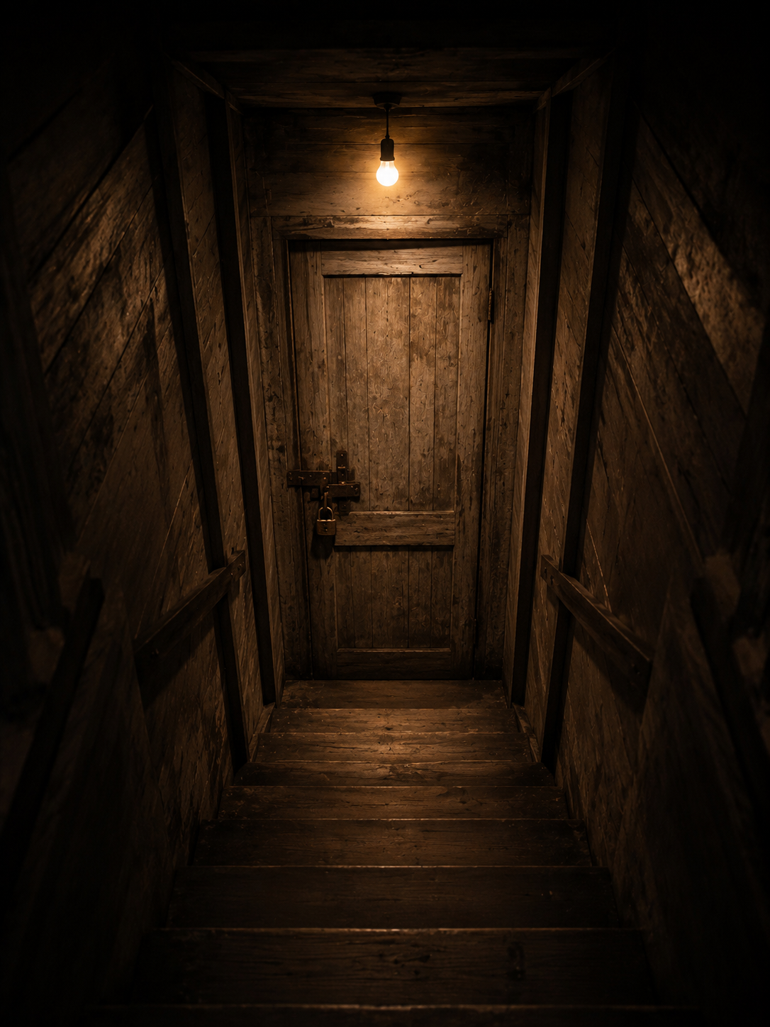 A locked wooden door at the bottom of dark stairs, single light bulb above
