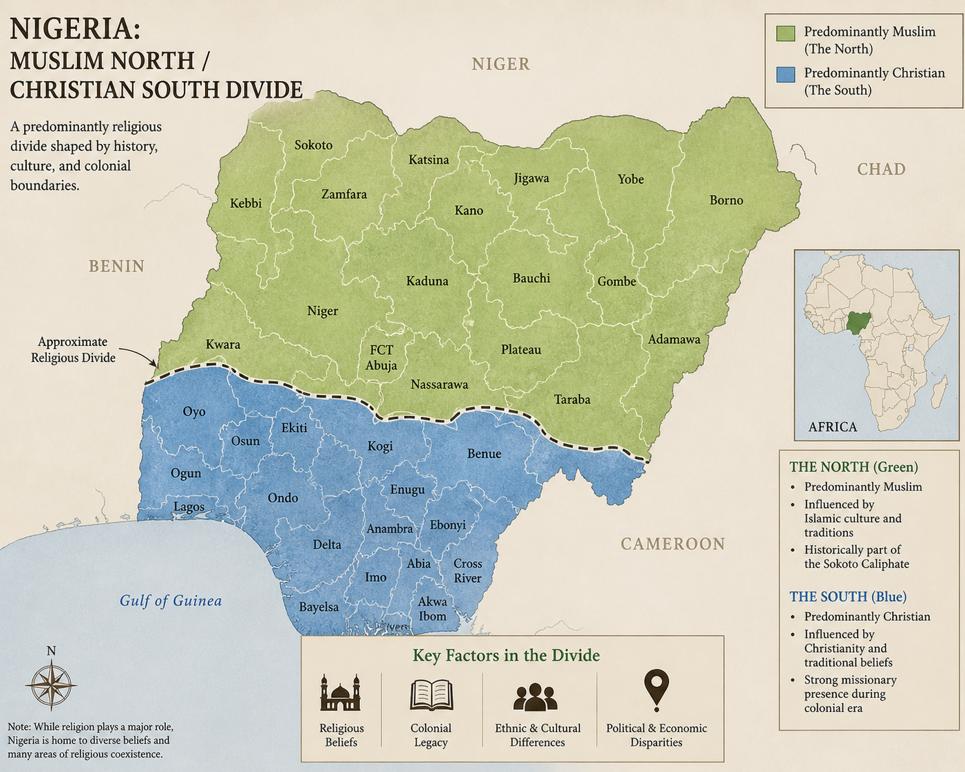 Map showing religious divide between Muslim North and Christian South Nigeria