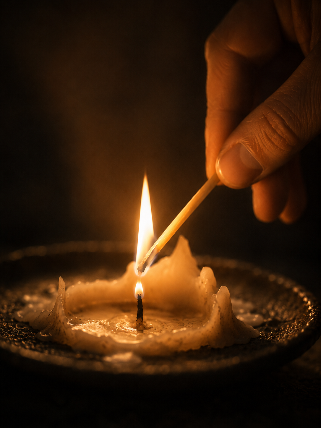 A hand holding a small flame to relight a burned-down candle