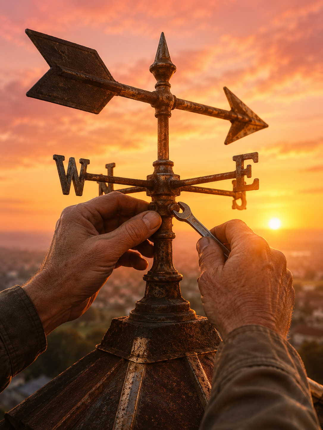 Gentle hands repairing a rusted weather vane on a rooftop at sunrise