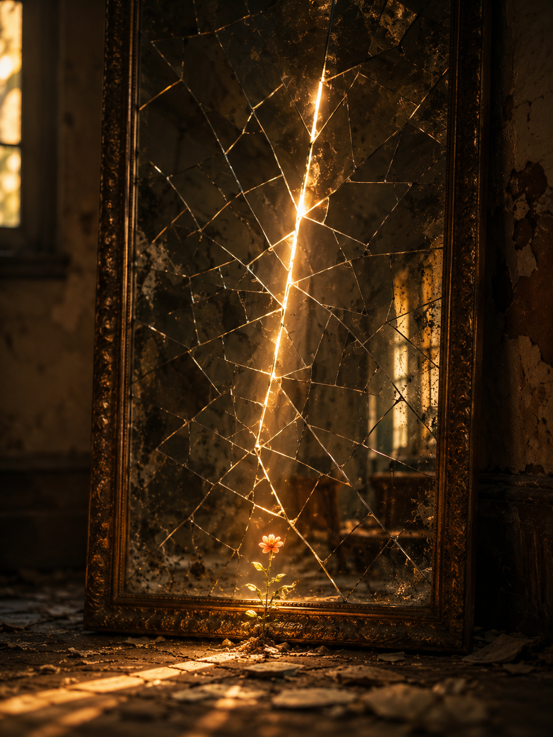 A shattered mirror with one thin beam of golden light cutting through the cracks