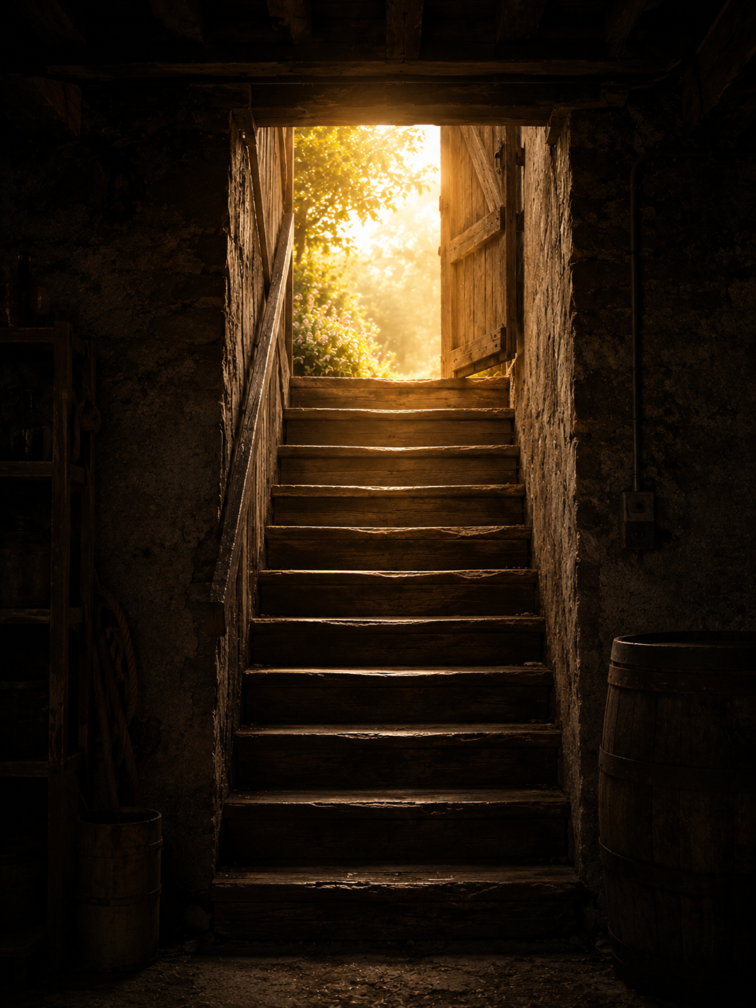 Old wooden stairs leading up from a dark basement into warm golden light