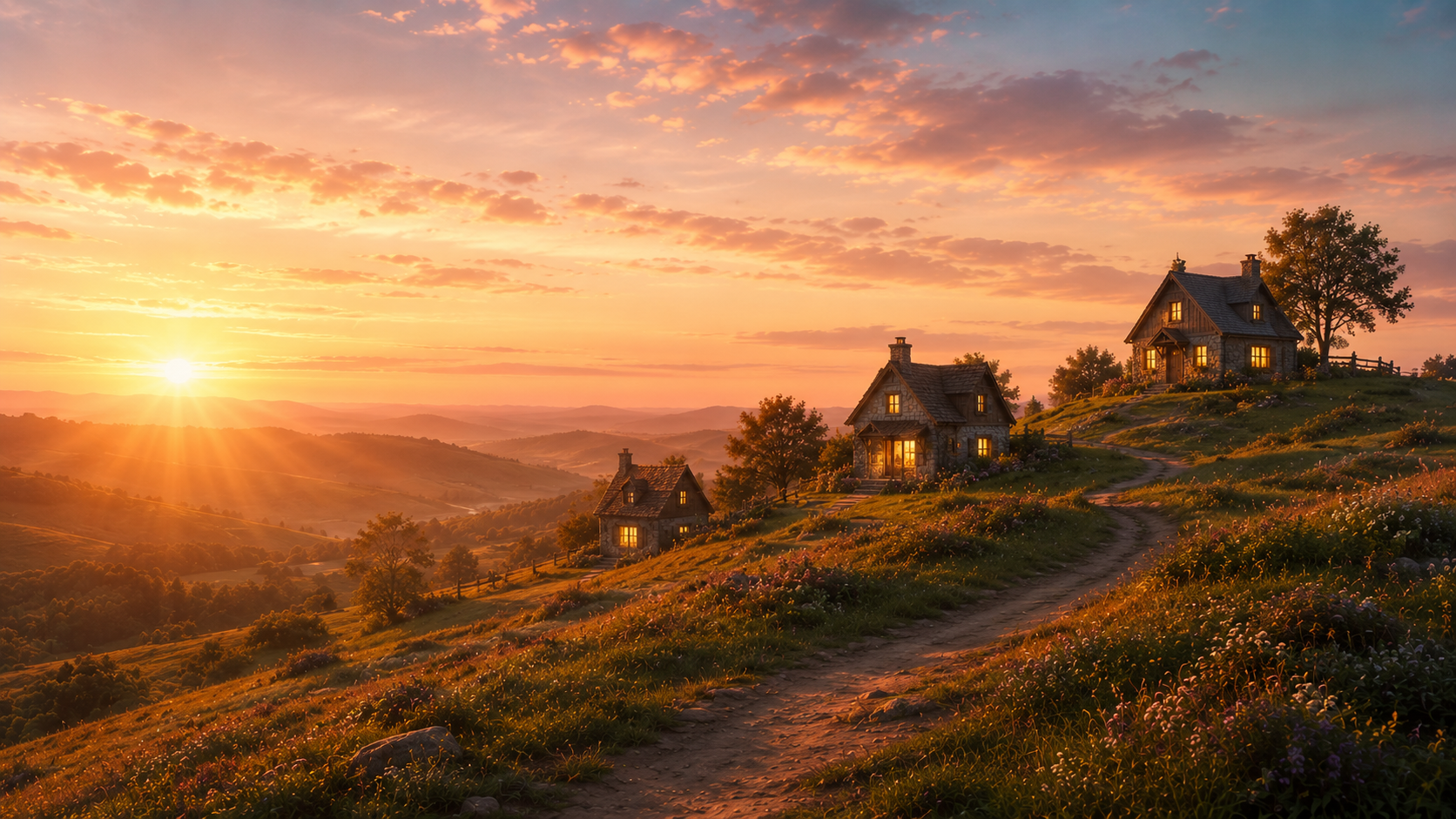 Sunrise over a hill with three houses, all windows glowing warmly