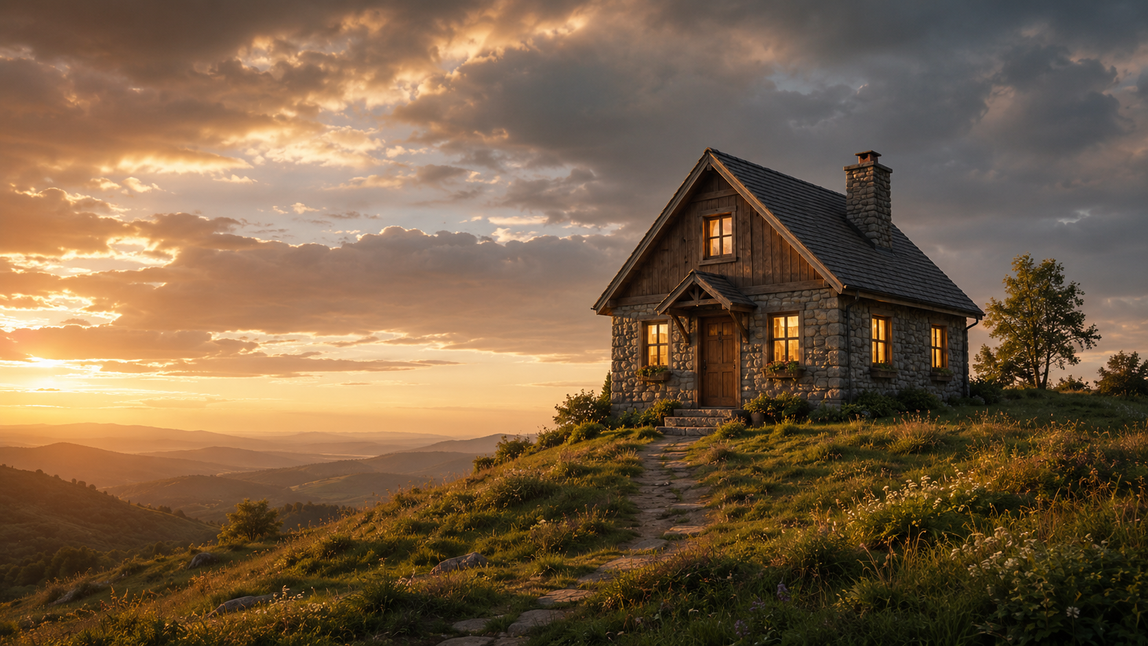 A balanced house on a hill stone foundation, warm windows, a solid door