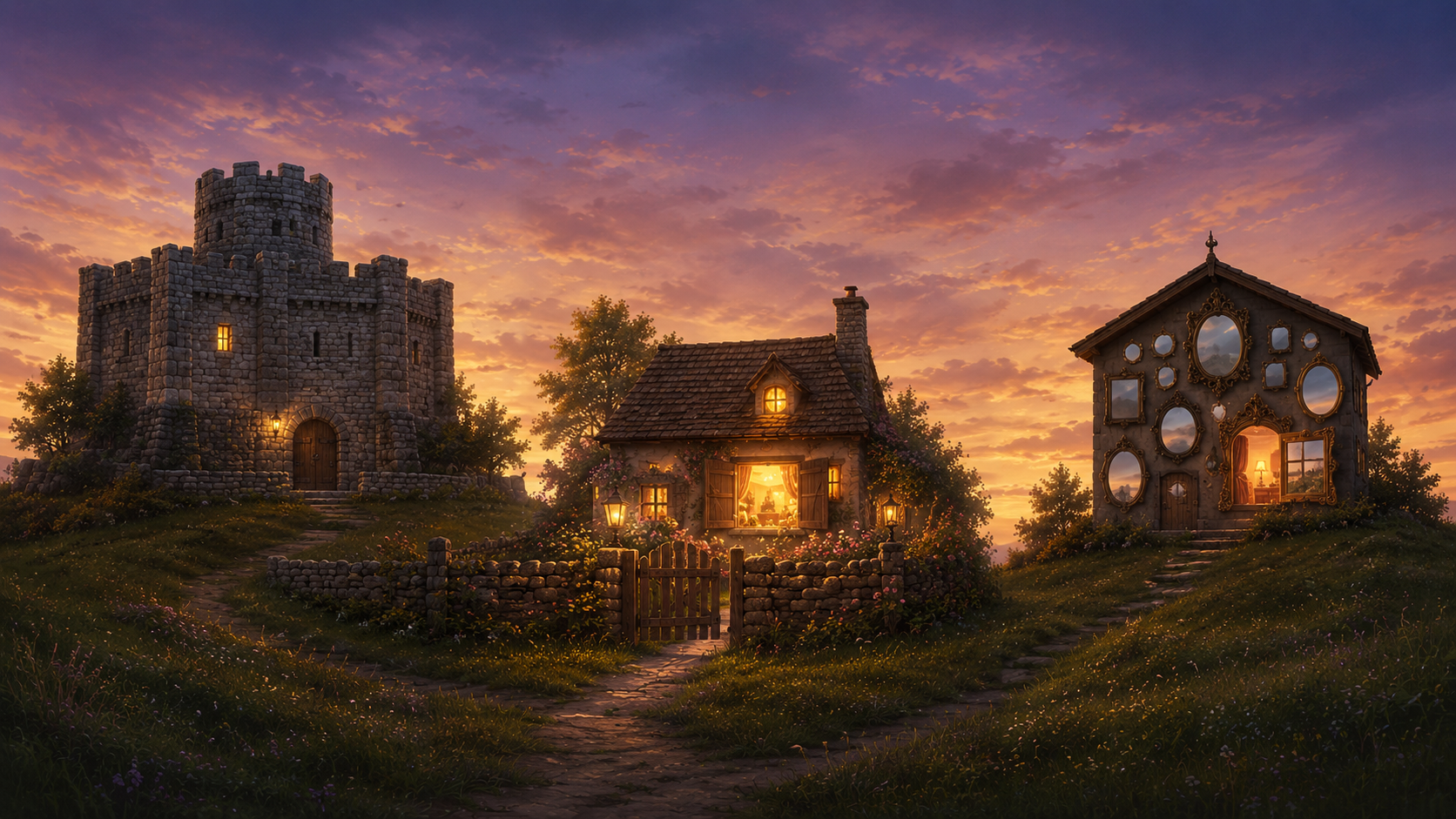 Three houses on a hill at dusk all with warm lights glowing from within