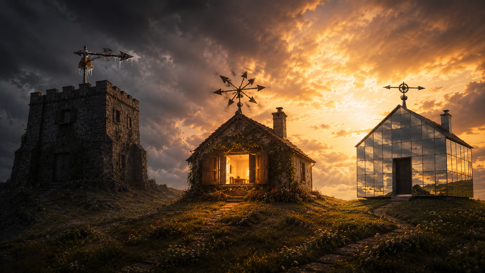 Three houses on a hill, each with a different weather vane