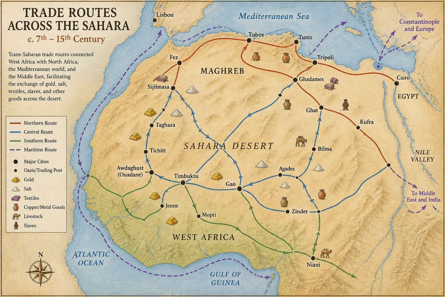 Map of trans-Saharan trade routes connecting West Africa to North Africa