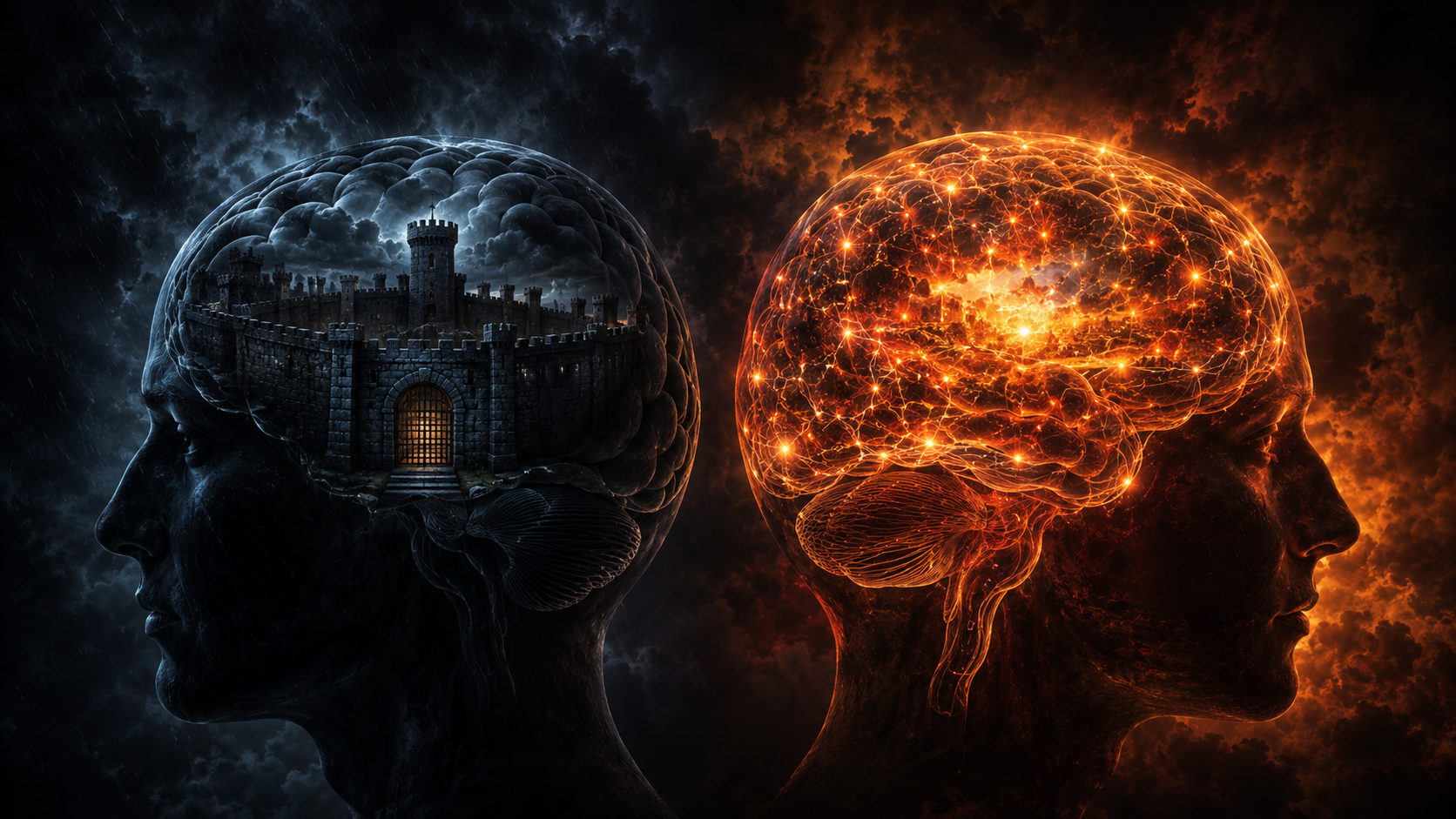 Two brain silhouettes: one dark inside, one glowing too brightly