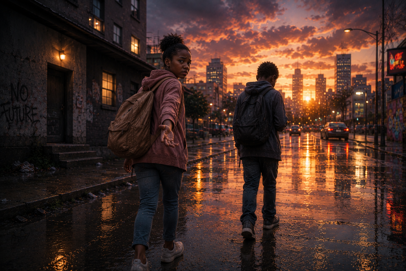 Two children walking away from a dark house