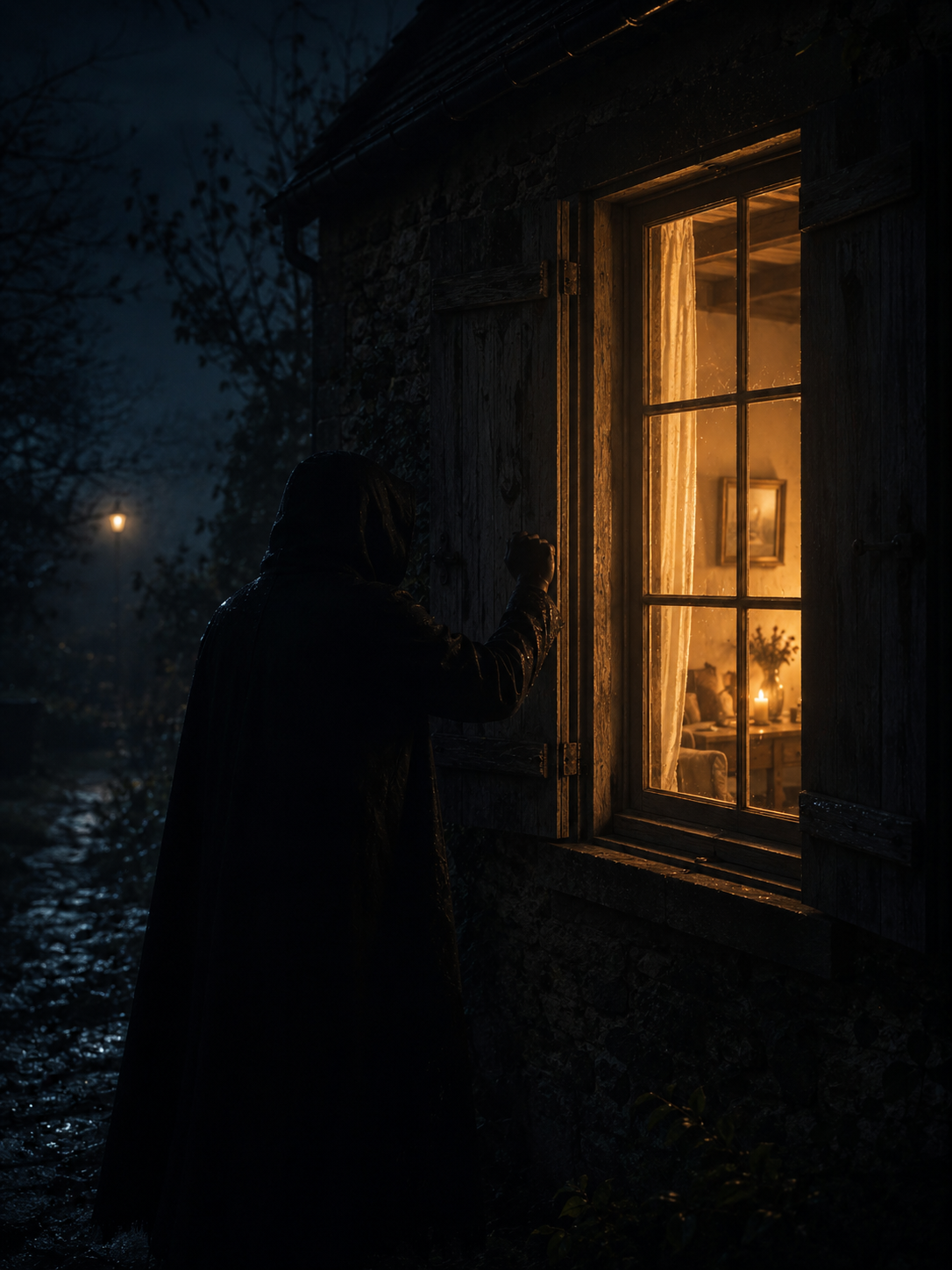 A shadowy figure knocking on a lit open window, night time