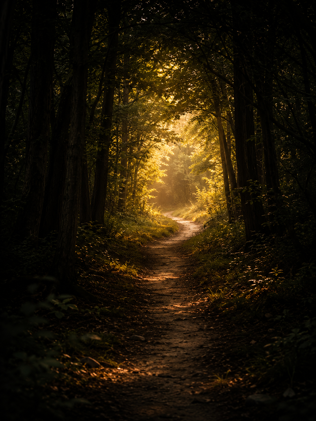 A winding path through a dark forest, opening into golden light ahead