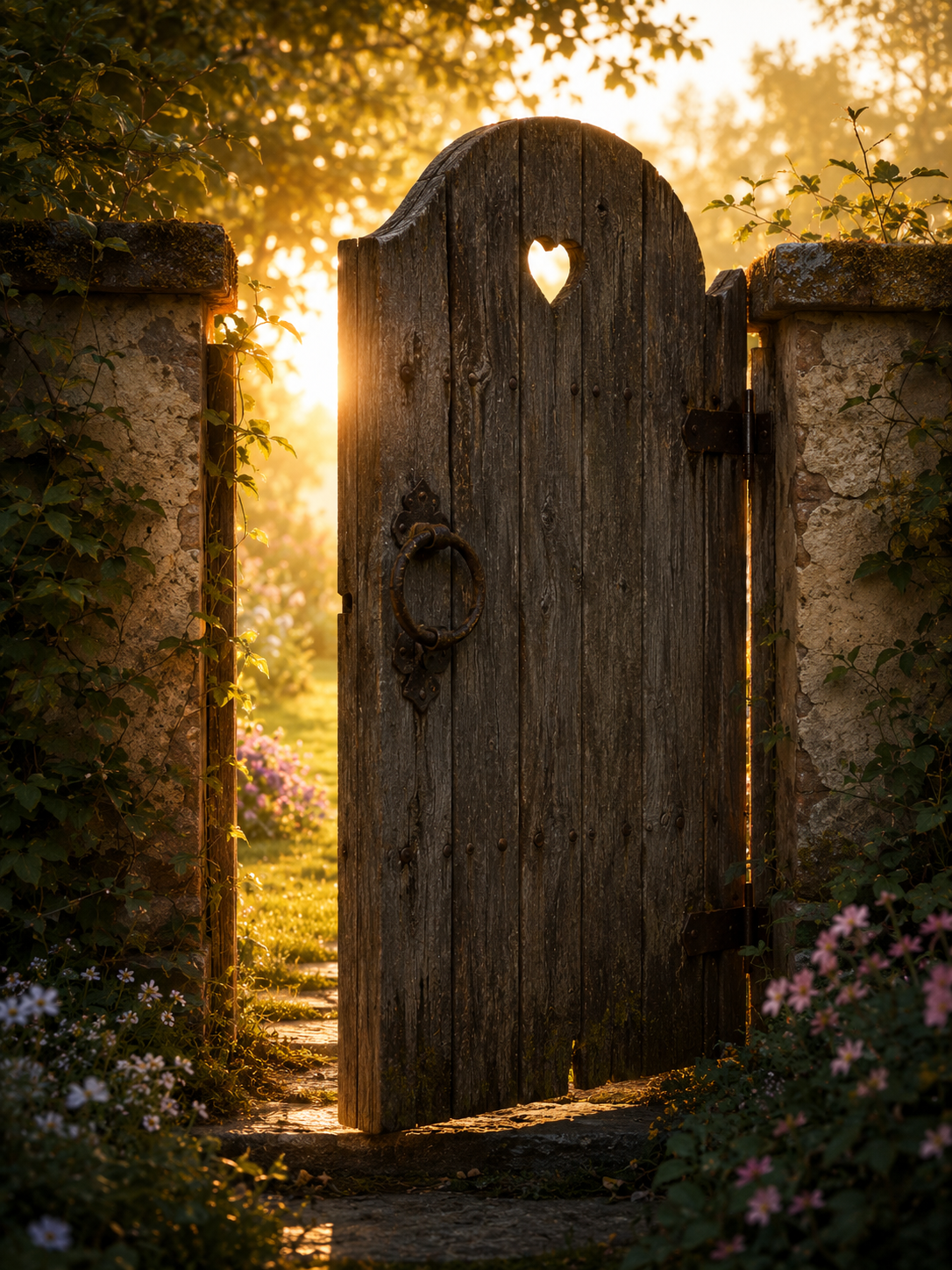 A wooden gate in a garden fence, slightly ajar, warm light spilling through